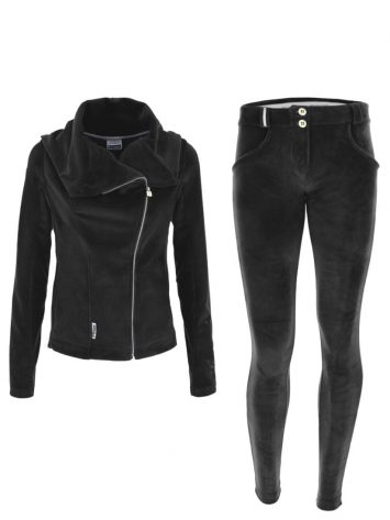 FREDDY WR.UP Chenille Tracksuit with leather Jacket-style top & bottom – black – S9WTRK5