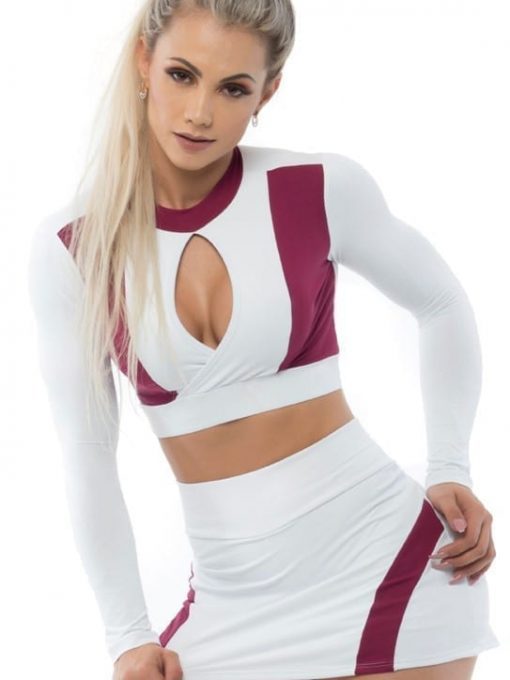 BFB Activewear Cropped Top Long Sleeve Sexy Lush - white/marsala
