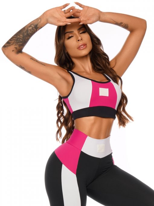 Lets Gym Fitness Racer Sports Bra Top - Black/Pink/White