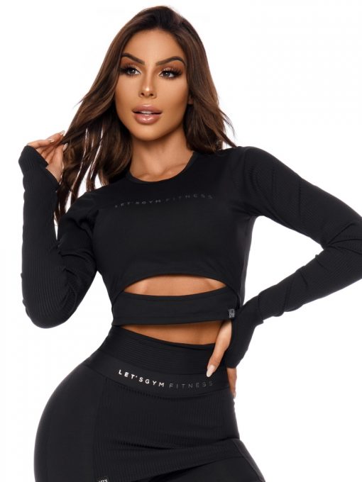Lets Gym Fitness Cropped M/L Dimension Long Sleeve Top - Black